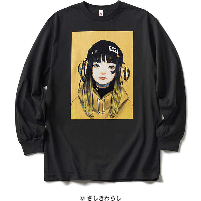 ざしきわらし描き下ろし 女の子/YELLOW ロンT (BLACK)